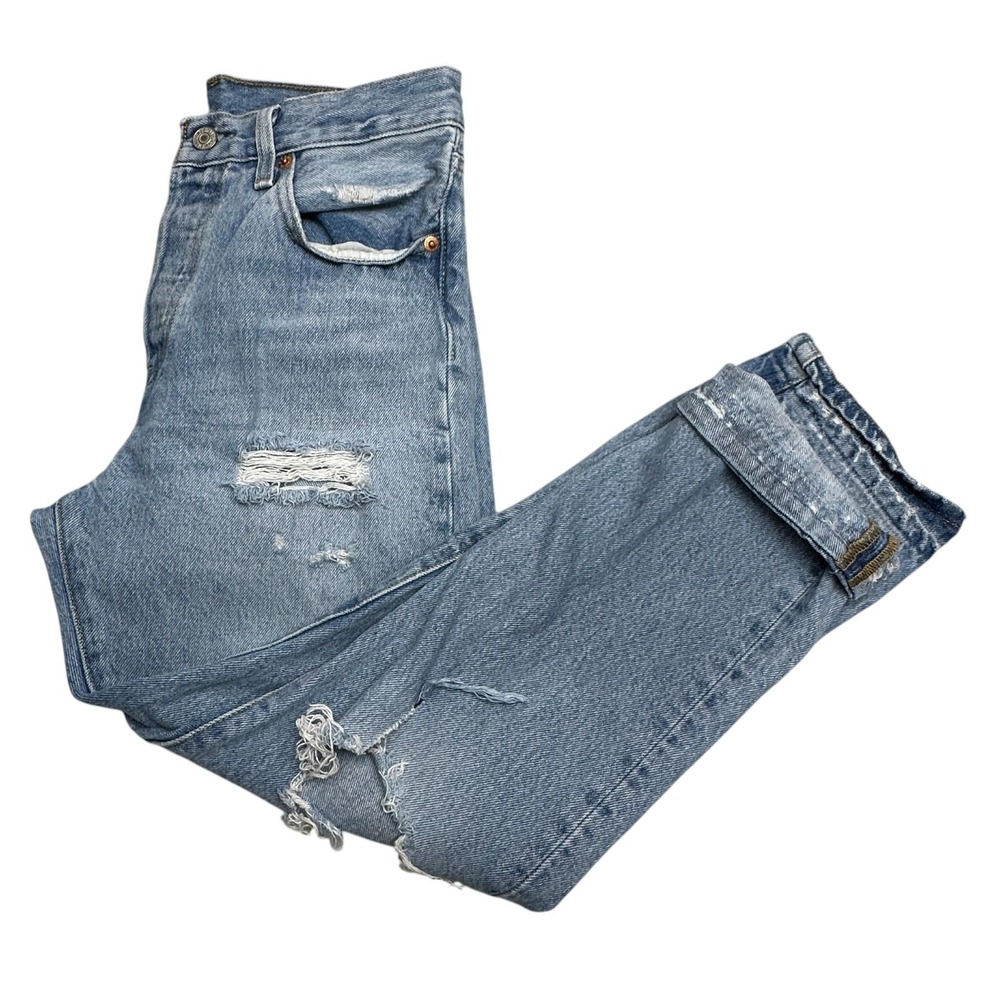 Levi's Premium 501 Jeans Womens 25 Blue High Rise Straight Distressed Denim